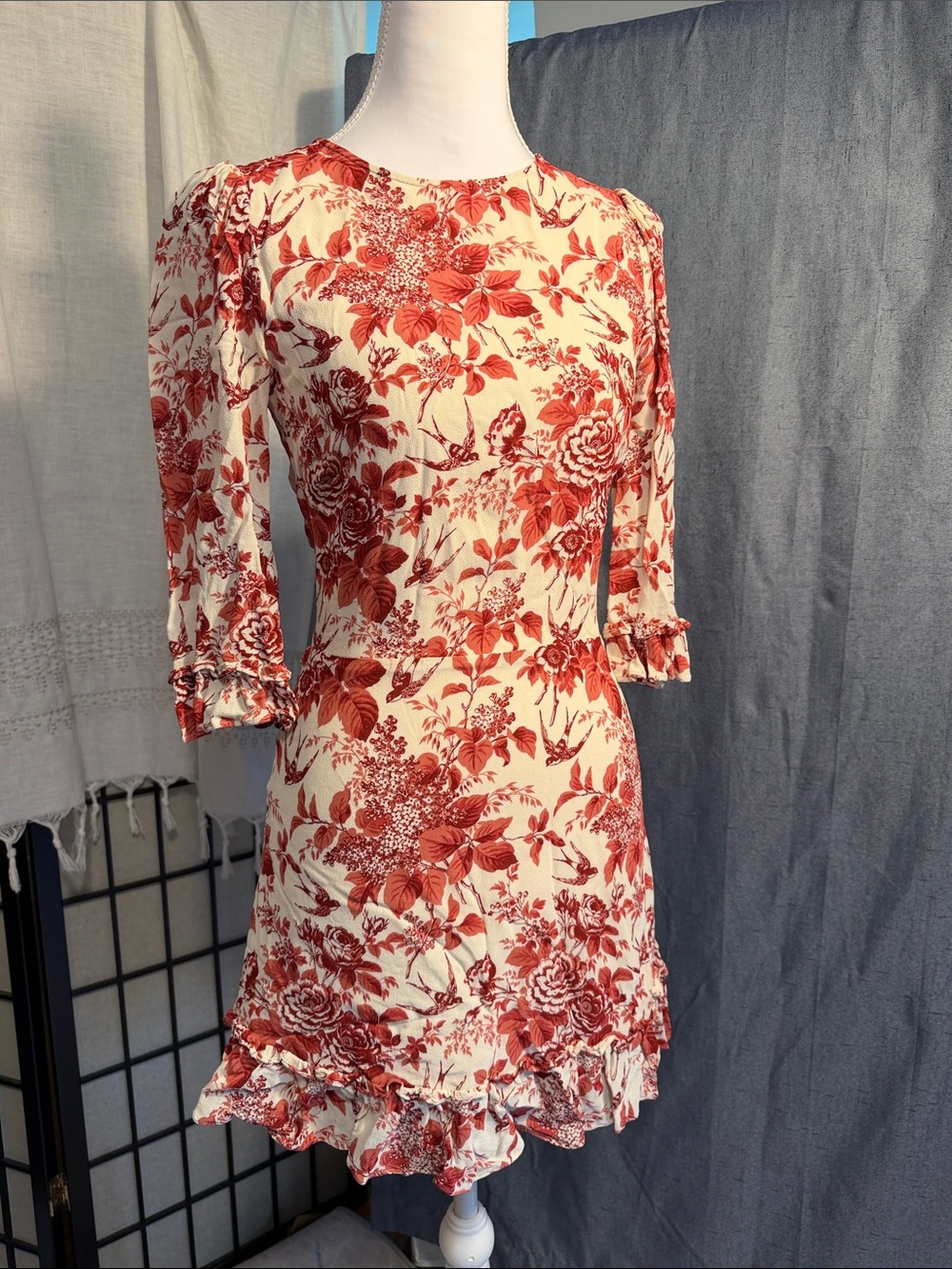 Reformation Cream Mini Dress with Red Floral Print